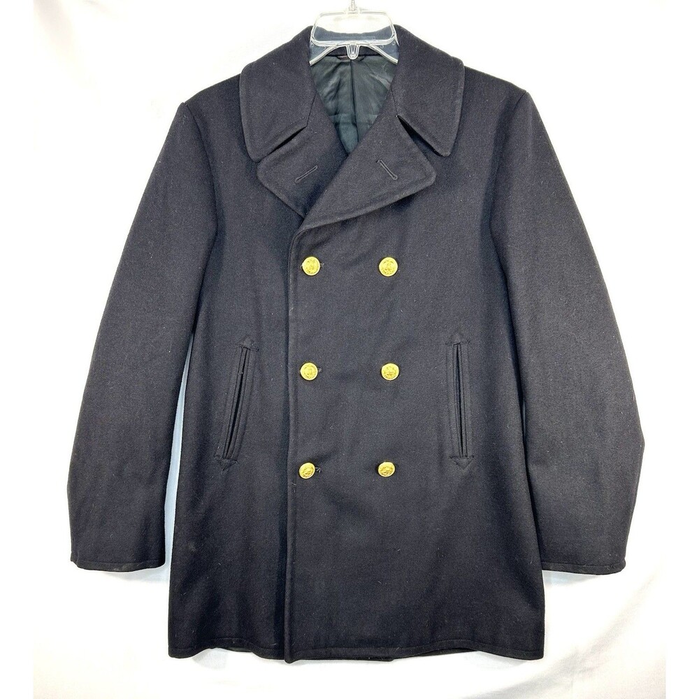 Vintage US Navy Wool Overcoat Pea Coat Black Military USA Sz 38 L